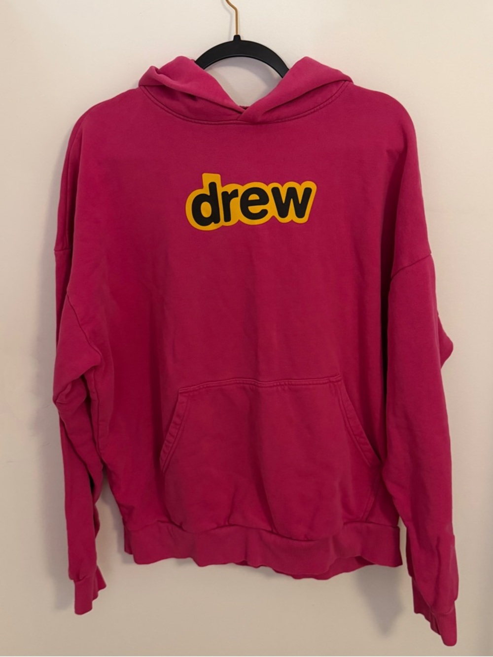 drew house hot pink hoodie with yellow logo